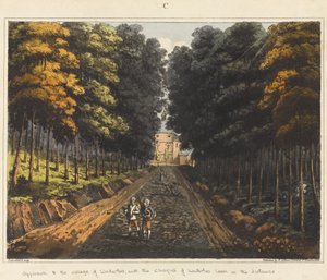 Indkørsel til landsbyen Waterloo, med Waterloo kapellet i det fjerne, fra "An Historical Account of the Battle of Waterloo", 1817 (farvet akvatint)